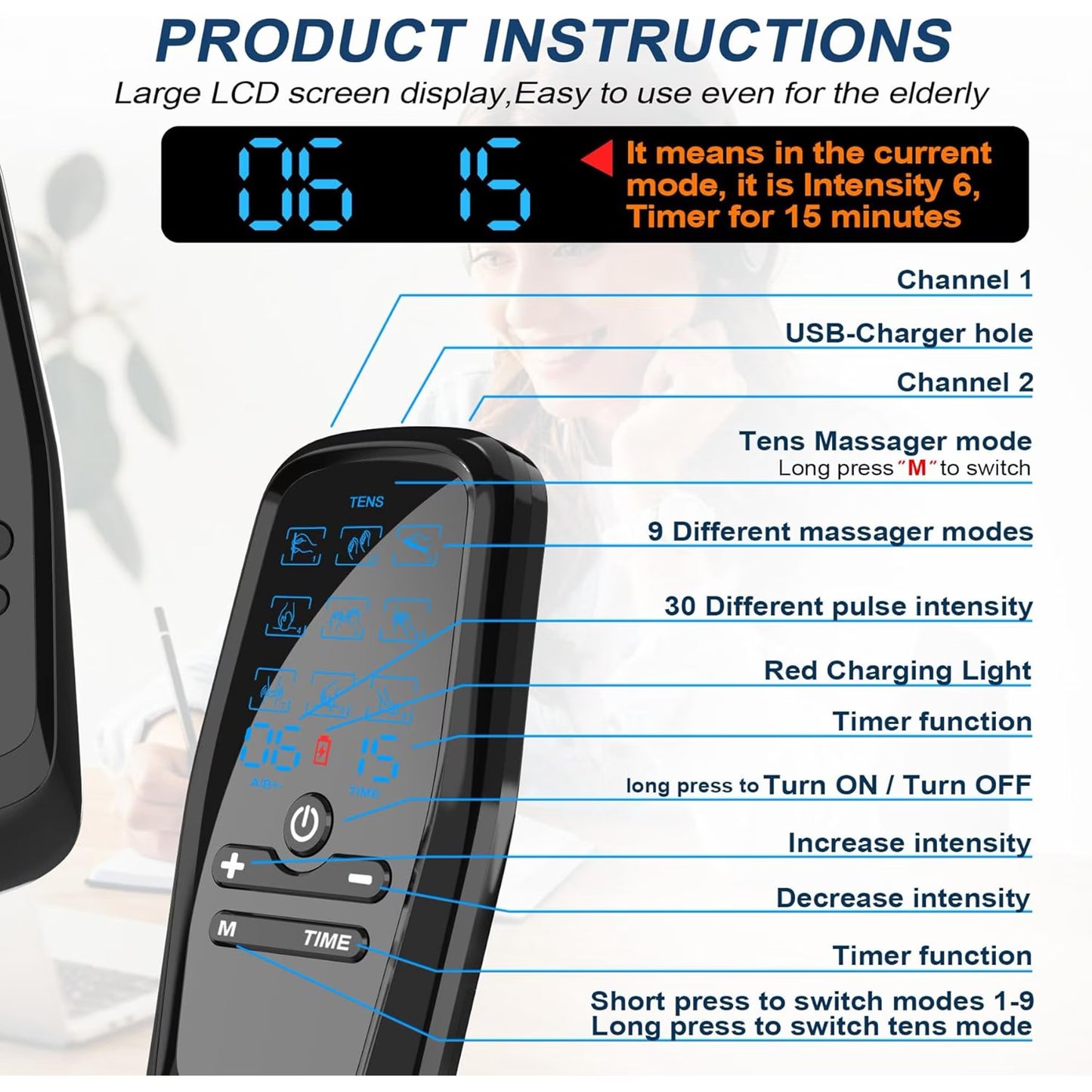 FVLOENG TENS Unit Rechargeable Muscle Stimulator Dual Channel with 8 Reusable Electrode Pads 27 Modes for Back Neck MuscleMassager