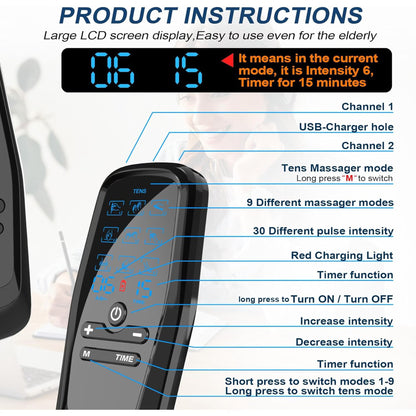 FVLOENG TENS Unit Rechargeable Muscle Stimulator Dual Channel with 8 Reusable Electrode Pads 27 Modes for Back Neck MuscleMassager