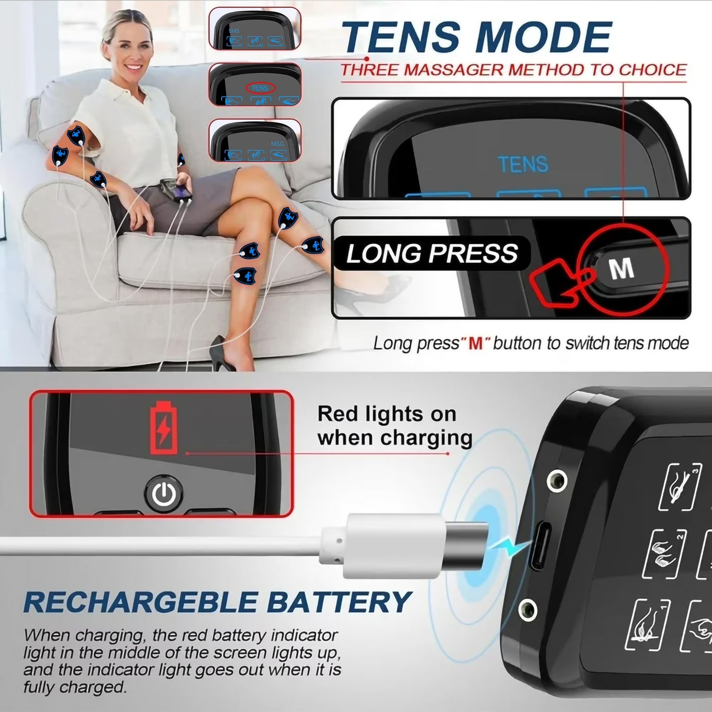 FVLOENG TENS Unit Rechargeable Muscle Stimulator Dual Channel with 8 Reusable Electrode Pads 27 Modes for Back Neck MuscleMassager